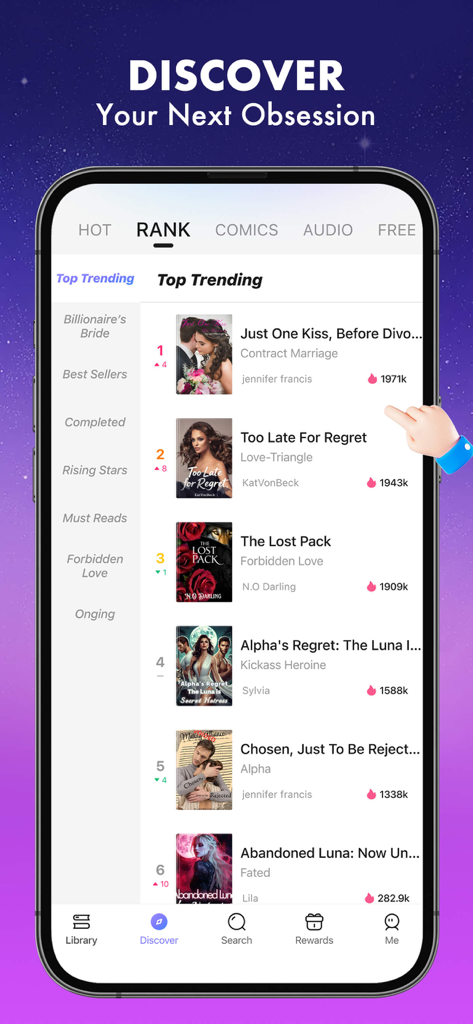 A mobile interface of the Dreame app showing a ranked list of top trending romance novels and werewolf stories