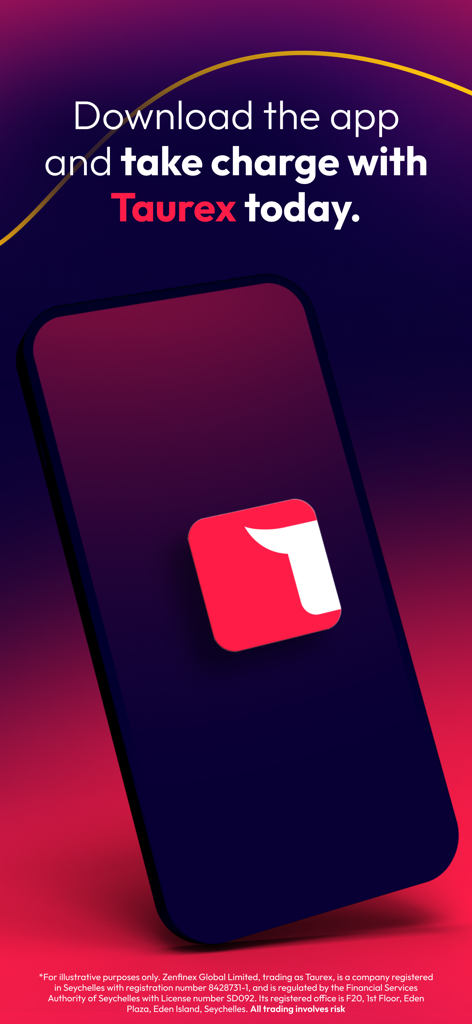 Taurex: Mobile Trading Broker - Una pantalla promocional para la aplicación de trading Taurex que anima a los usuarios a tomar el control de su trading.