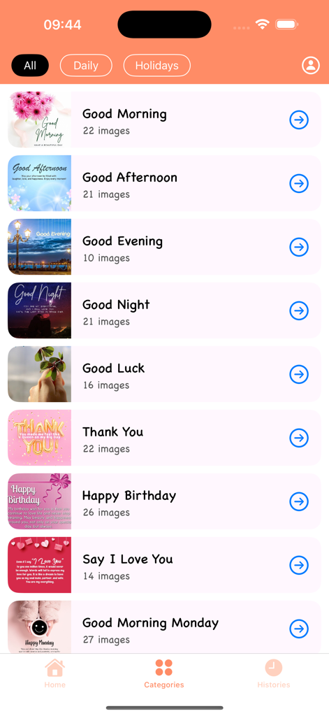 Good Morning & Good Night Love - App screen displaying various categories of daily greeting messages