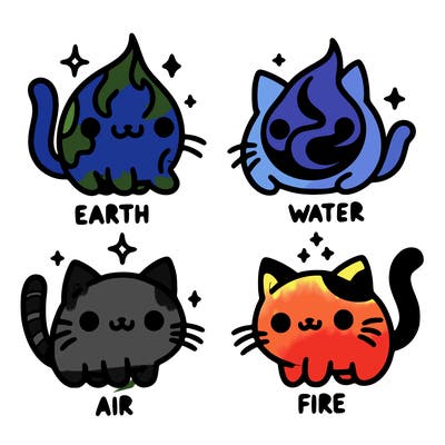 4 cats that represent the different elements, earth, water, air, and fire