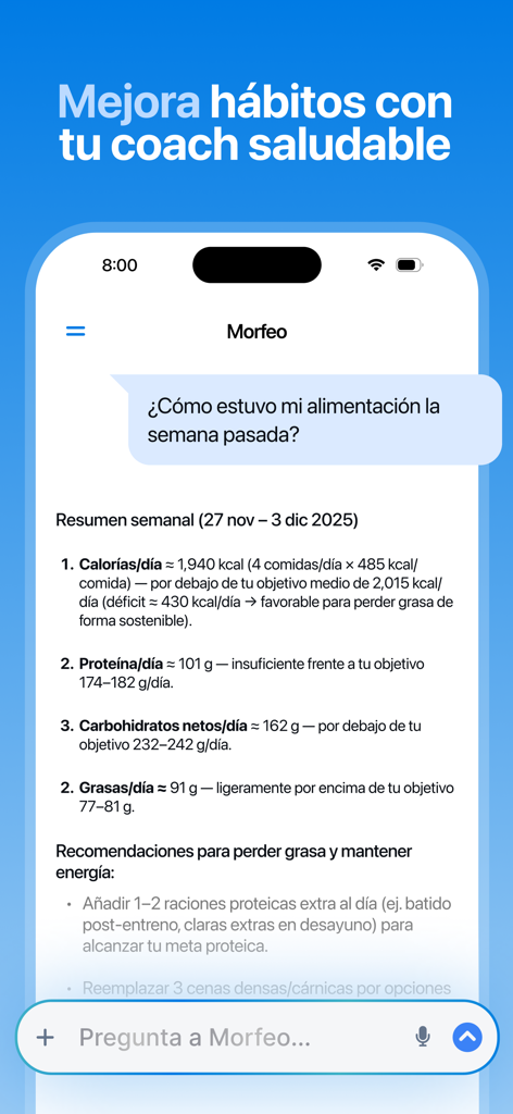 Weekly nutrition summary and chat interface with AI coach Morfeo in the Pulso AI app