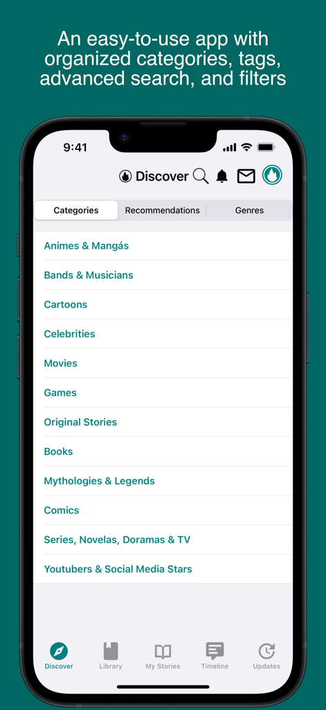 Benutzeroberfläche der Spirit Fanfiction App mit Story-Kategorien wie Anime, Manga und Spiele