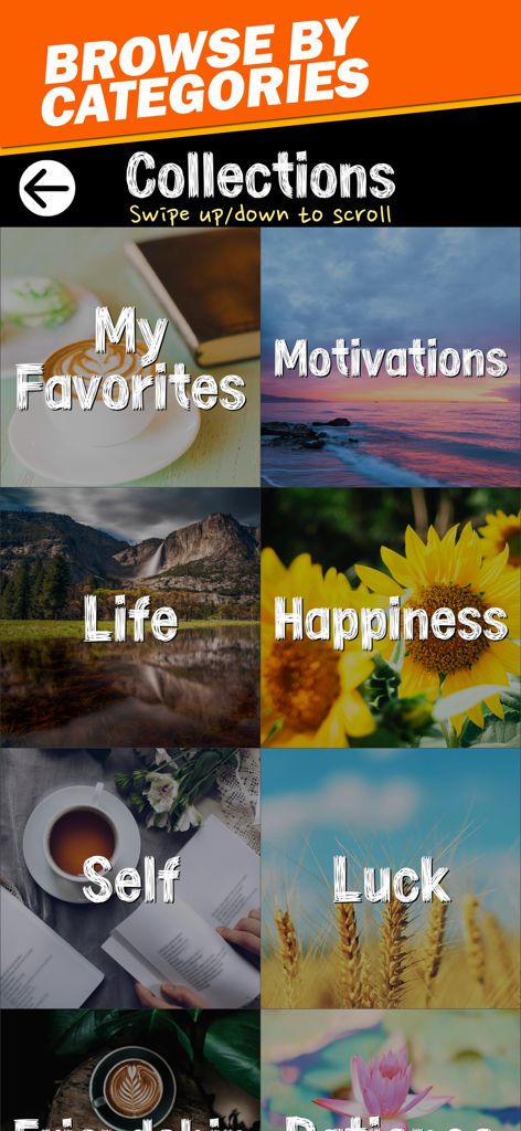 Interface de l'application montrant des catégories de proverbes comme Motivations et Bonheur avec des arrière-plans d'images pittoresques