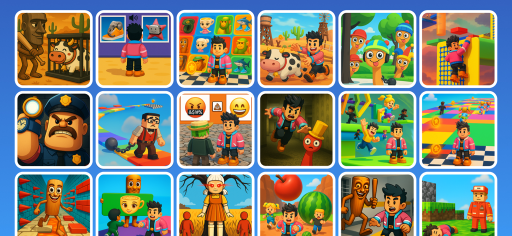 Uma grade de dezoito capturas de tela mostrando diversos níveis de parkour e personagens de meme do aplicativo Obby Parkour Games.