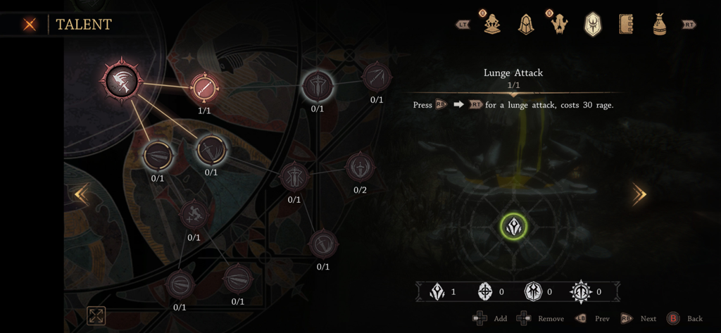 Pascal's Wager - 『Pascal's Wager』の才能スキルツリーインターフェース。キャラクターのアップグレードや突進攻撃の詳細が表示されている