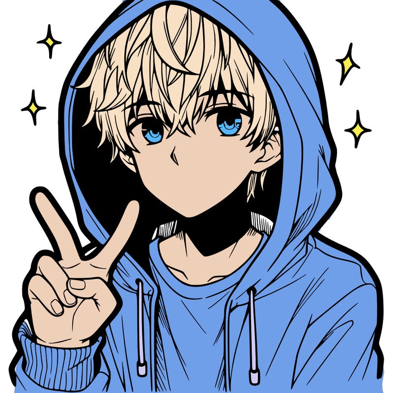 teenage manga boy in a hoodie, doing ✌