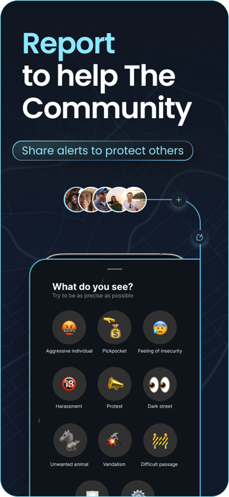 Olago app interface showing community reporting options for safety alerts like harassment and dark streets
