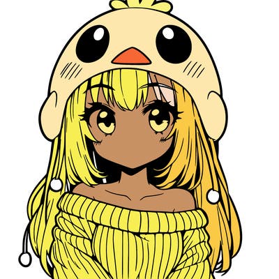 anime girl with chick shaped hat with sweater with bare shoulders with bangs covering them one eye with low tail