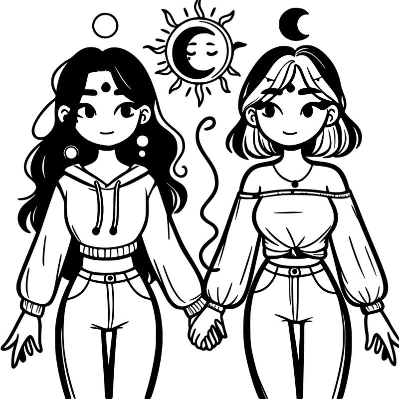 tow girls holding each other's hands one of the girls have a son and one of the other girls have a moon