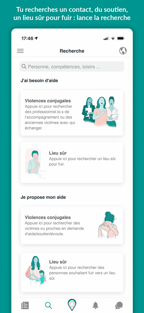 Mobile interface of THE SORORITY app showing options to find support for domestic violence and safe places