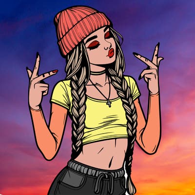 realistic teenage girl with braids and a beanie and crop top doing 🫶🏼