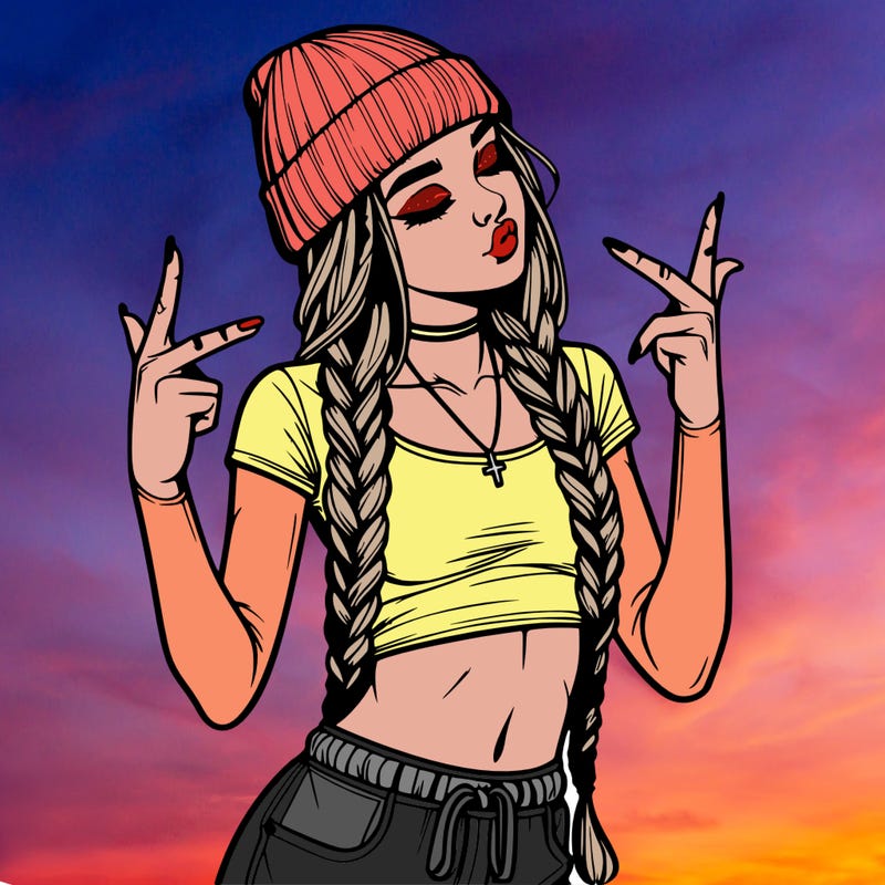 realistic teenage girl with braids and a beanie and crop top doing 🫶🏼