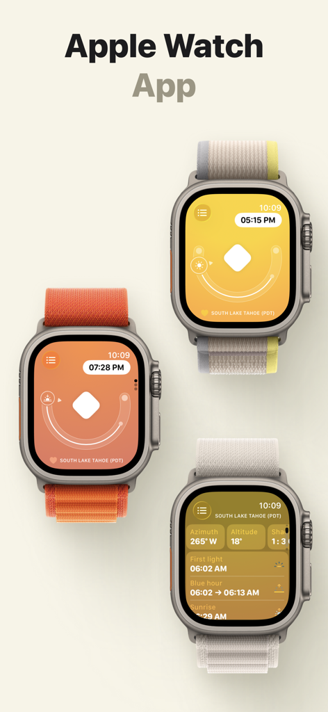 Three Apple Watches showing Sunlitt app screens with sun path and solar data