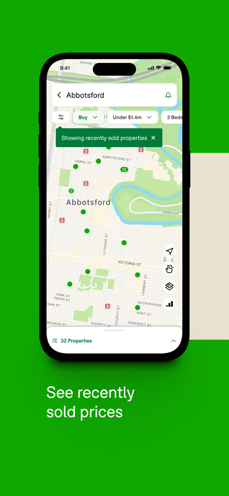 Domain app interface showing a map of Abbotsford with recently sold property prices and markers.