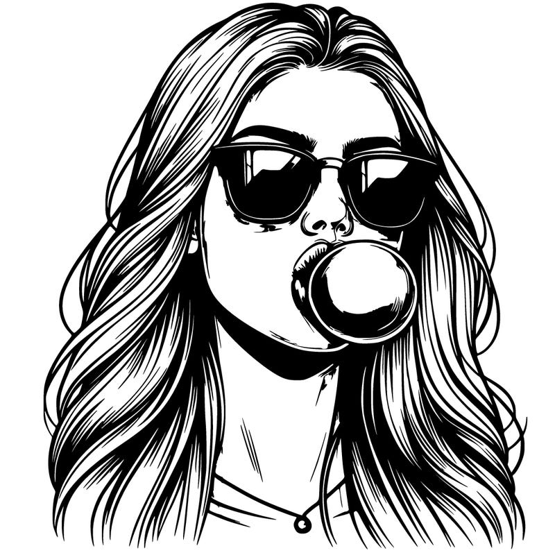 realistic teen girl with sunglasses long hair and blowing a big bubble of gum from her mouth