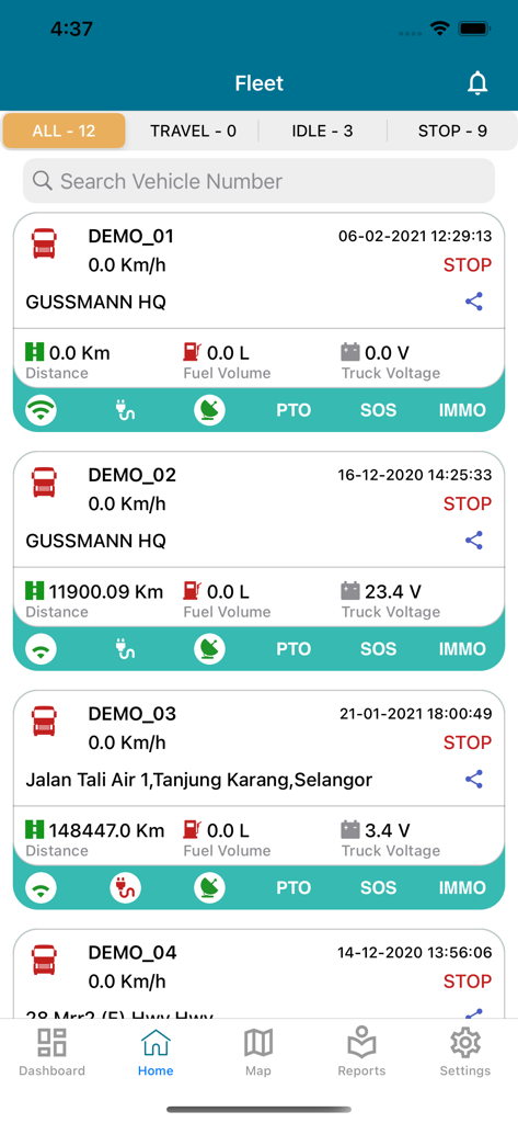 gFleet+ - gfleet plus mobile App Flottenüberwachungsbildschirm zeigt Fahrzeugstatus und Diagnosedaten in Echtzeit an