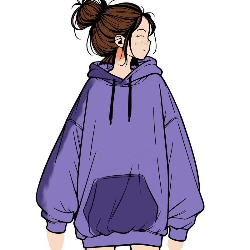 realistic girl with a oversized sweatshirt on and a bun