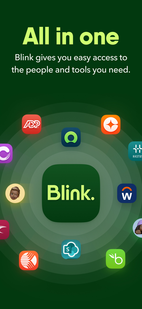 Blink app logo surrounded by various workplace tool icons illustrating an all in one platform