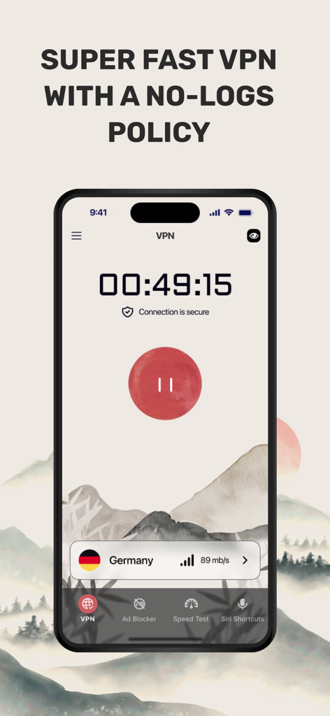See VPN — for LV - Interfaz de la aplicación móvil See VPN para usuarios con baja visión que muestra un temporizador de conexión segura y el servidor de Alemania