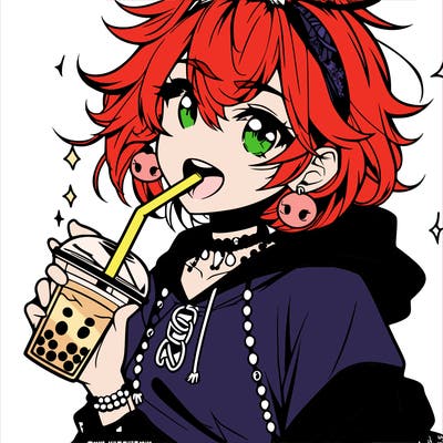 hot baddie anime girl drinking boba and biting the straw