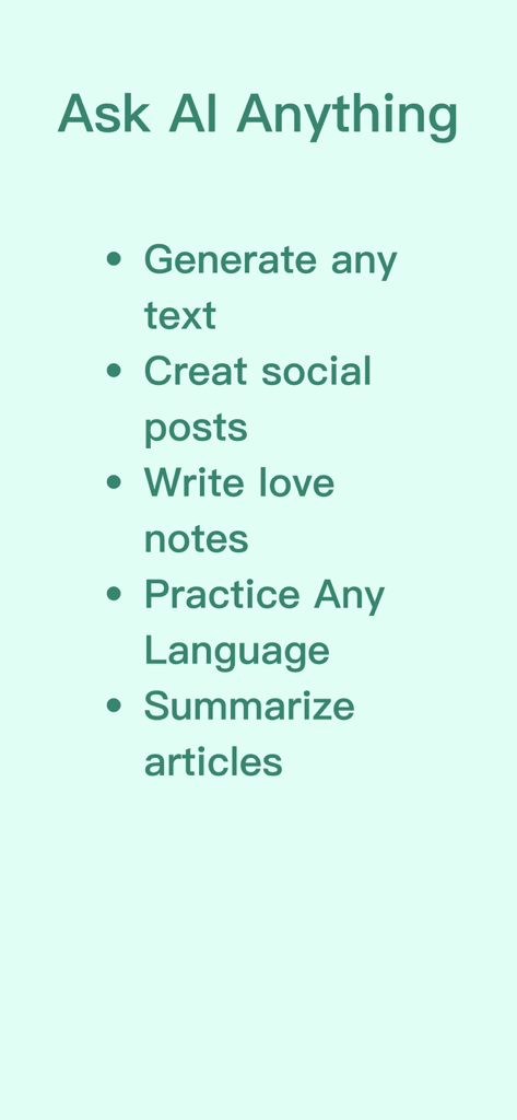 AI Chatbot Assistant - AI Bot - Une liste de fonctionnalités de l'application AI Chatbot Assistant, y compris la génération de texte pour les publications sur les réseaux sociaux et la résumé d'articles