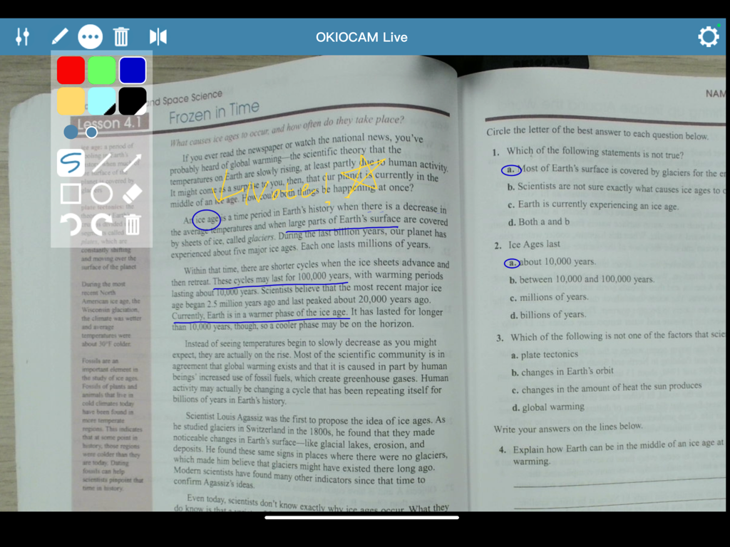 OKIOCAM Live app interface showing digital annotations on a science textbook page