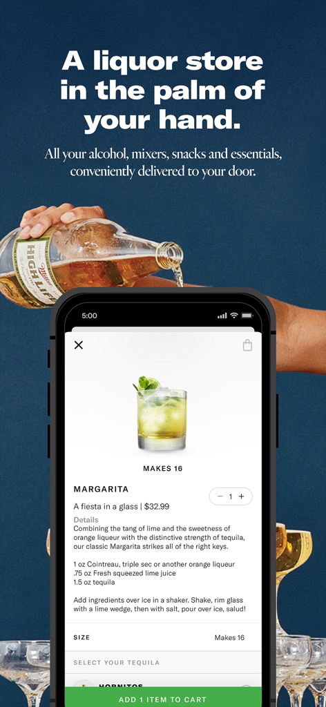 Saucey: Alcohol Delivery - Pantalla de la aplicación móvil Saucey mostrando un kit de cóctel margarita para entrega a domicilio