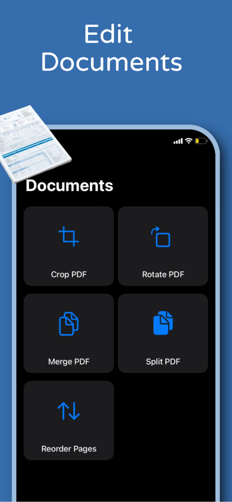 Interface de l'application montrant des outils d'édition de PDF tels que le recadrage, la rotation, la fusion et la division