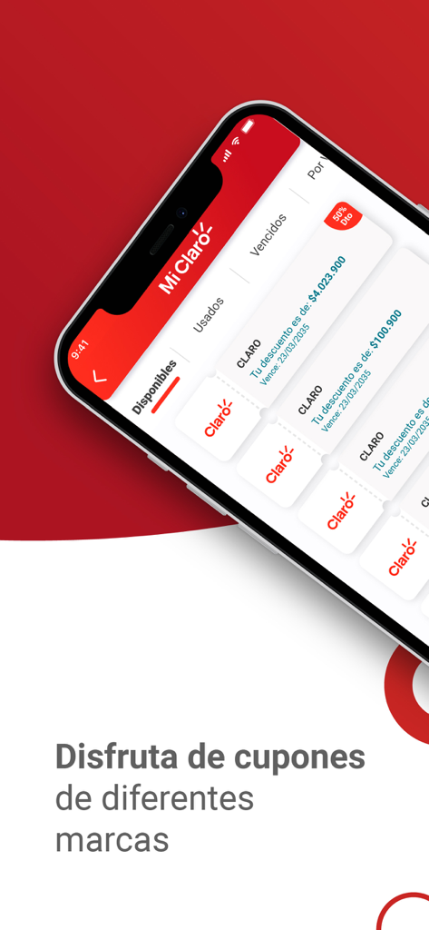 Un smartphone mostrando la sección de cupones y descuentos de la aplicación Mi Claro Colombia para varias marcas.