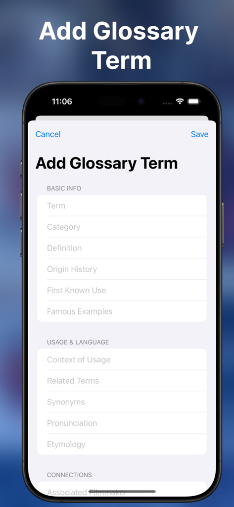 MoveIaHD - A mobile interface for adding a new film glossary term with fields for term category and definition