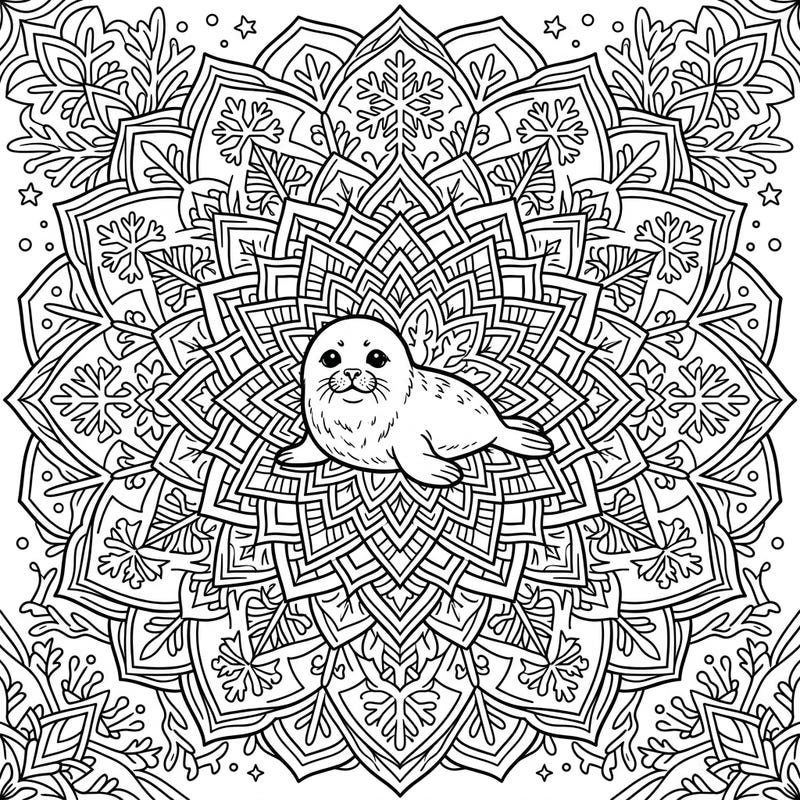 Discover the magic of winter with this captivating coloring page featuring a charming harp seal pup nestled within a stunning mandala. Intricate snowflake patterns create a delightful and relaxing artistic experience.