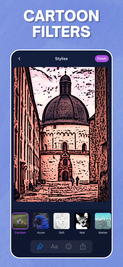 Photo to Sketch - Drawiq - Interfaz de la aplicación Drawiq mostrando un efecto de filtro de cómic aplicado a una foto de un edificio arquitectónico.