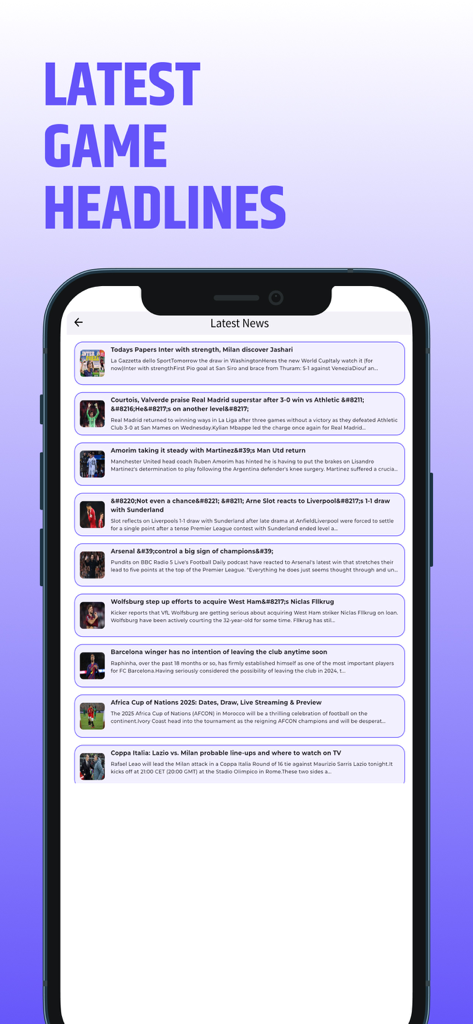 Sada Football - Live Today - Uma interface móvel exibindo uma lista das últimas manchetes de notícias de futebol e histórias de partidas.