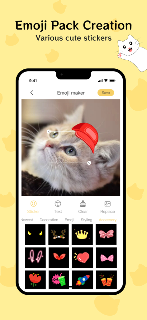 Interface of the Emoji-Sticker Maker app showing a cat photo being edited with a red cap sticker and decorative accessories.