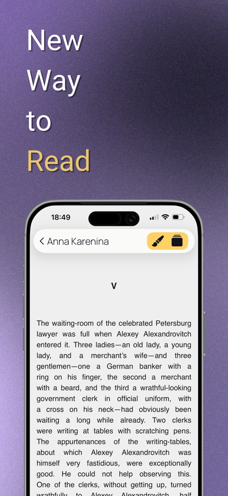 Fabl – Immersive Reading - Mobile phone screen showing the Fabl app with a chapter from Anna Karenina in a minimalist design