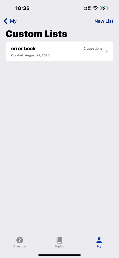 Interface showing the Custom Lists feature with a saved error book in the All AStar ALevel math app