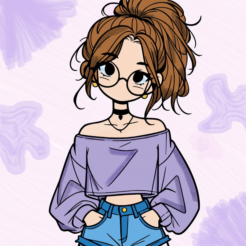 girl with a messy ponytail glasses a baggy crop top and jean shorts