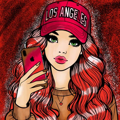 realistic beautiful girl wearing los ángeles cap holding an iphone
