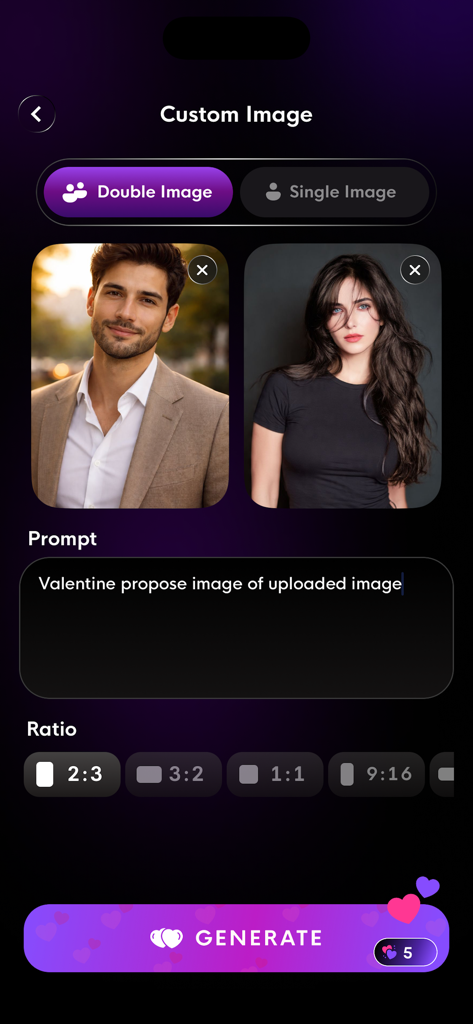 AI Couple Photo: Video Rizz AI - Interface of an AI app showing two portraits uploaded to generate a custom romantic couple image with a text prompt