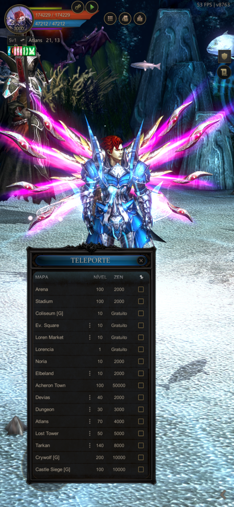 MEGAMU - A character with glowing pink wings and ornate blue armor in the MEGAMU mobile game viewing the map teleportation menu.