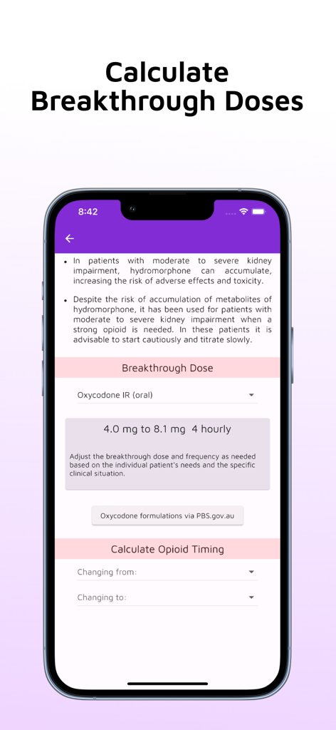Tela do aplicativo móvel mostrando o cálculo da dose de alívio para Oxicodona IR e notas clínicas sobre comprometimento renal.