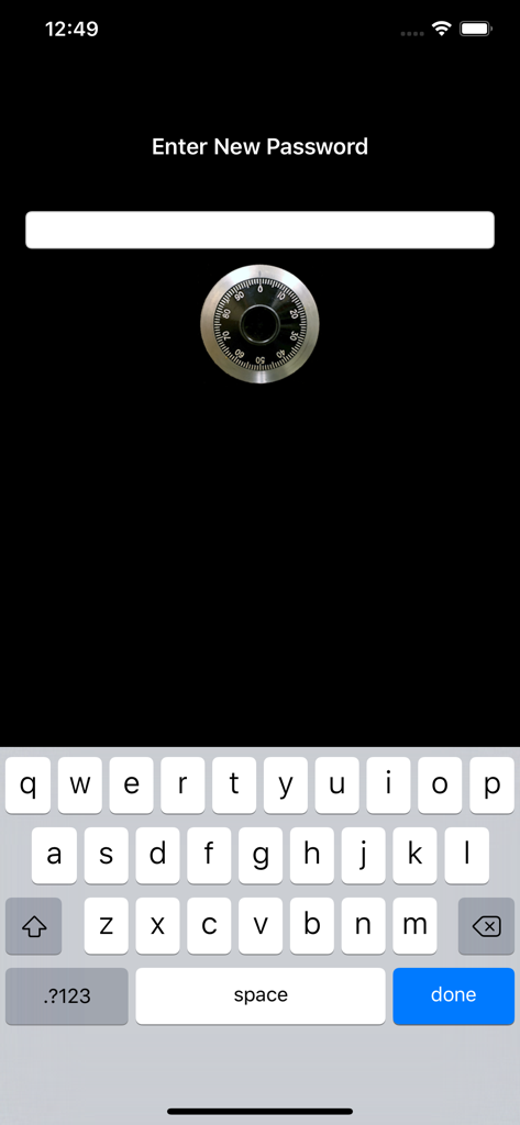 Pantalla de la aplicación The Vault para ingresar una nueva contraseña con un icono de candado y un teclado móvil estándar