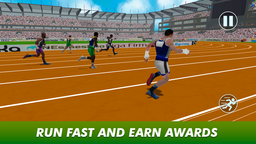 Athletes competing in a track race inside a crowded stadium in a 3D sports game.