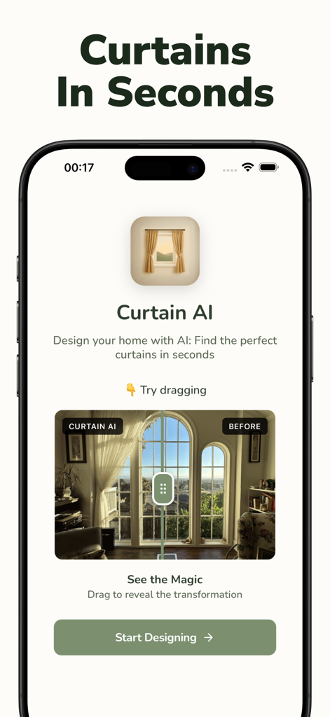 Curtain AI: Home Decor Design - Interfaz de la aplicación Curtain AI que muestra un control deslizante de antes y después para el diseño de tratamientos de ventana.