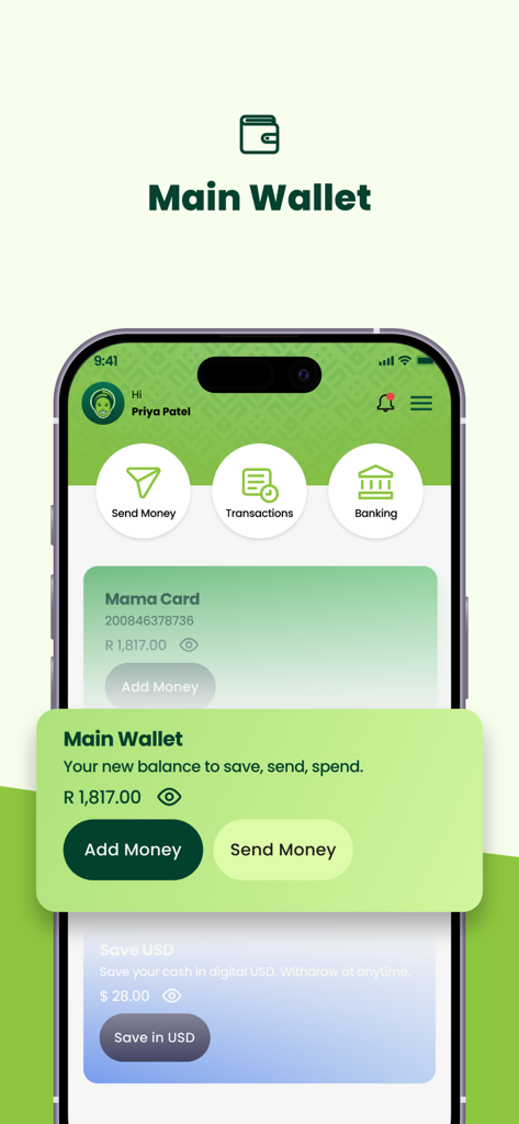 Mama Money - Send Money Home - Mama Money app interface showing the main wallet dashboard with balance and money transfer options