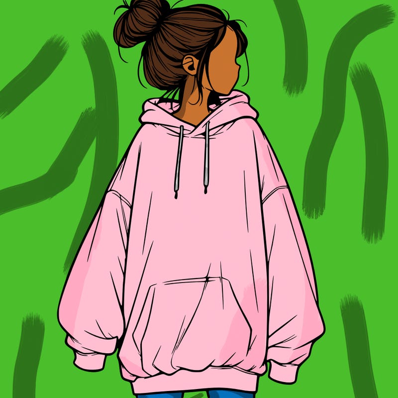 realistic girl with a oversized sweatshirt on and a bun