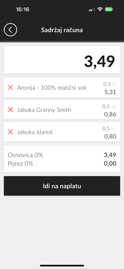 Mobilna fiskalna - Bildschirm einer mobilen App, der den Inhalt eines Fiskalbelegs mit Artikeln wie Saft und Äpfeln und einem Gesamtpreis anzeigt