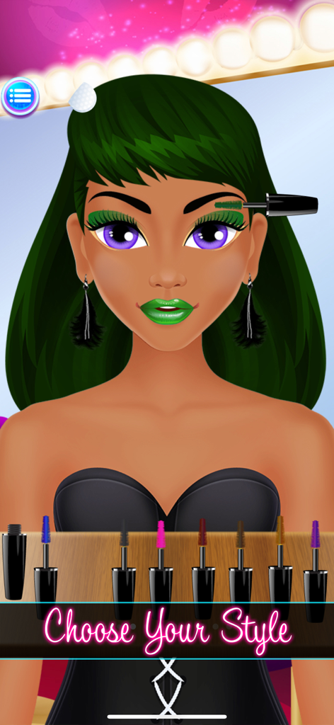 A character with green hair and purple eyes getting green eyebrow makeup in a digital salon game.