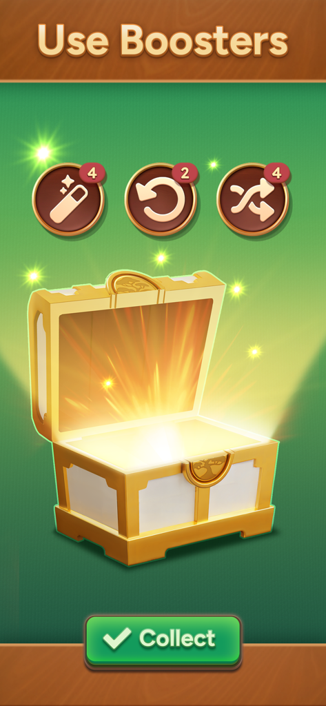 Mahjong Bloom - Un cofre del tesoro dorado brillante en Mahjong Bloom mostrando potenciadores del juego y un botón de recolección