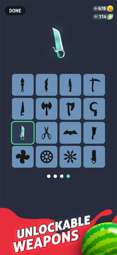 Fruit Cut - Knife Hit Master - A grid of unlockable knives and weapons in the Fruit Cut mobile game